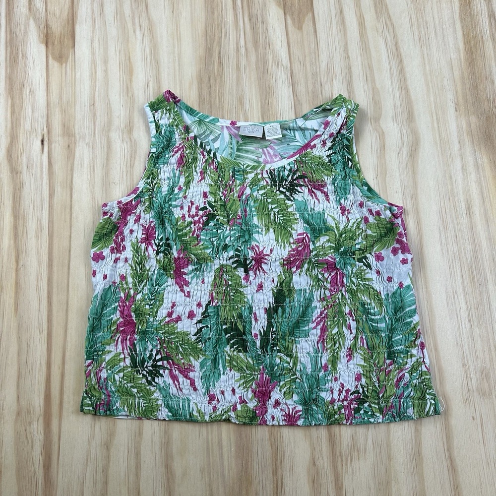 Erika Womens L Petite Floral Tropical Hawaiian Sleeveless Cotton Blend Top